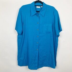 Elisabeth Teal Blue Linen Collared Button Up Tunic Top Blouse‎ Womens Size 16